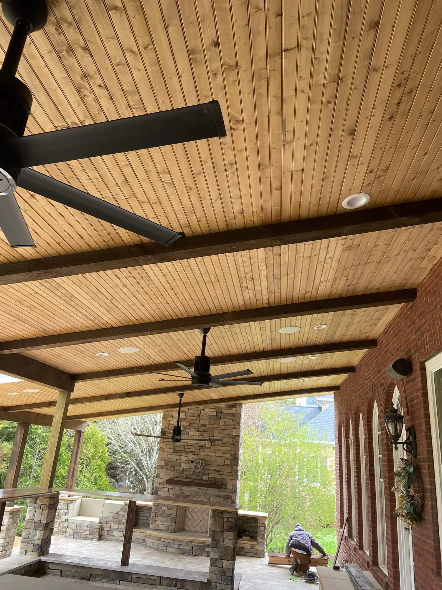 Beamed tongue and groove porch ceiling